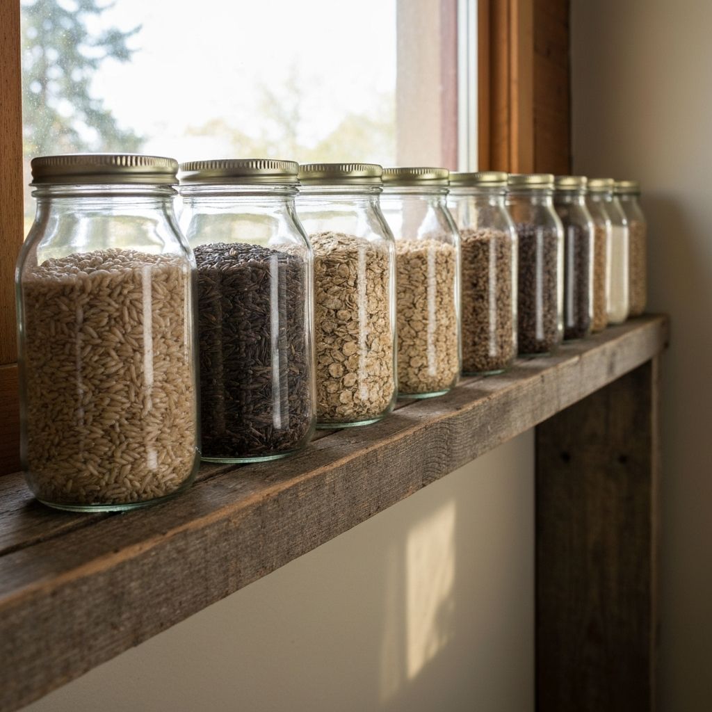 Whole grains in glass jars on shelf