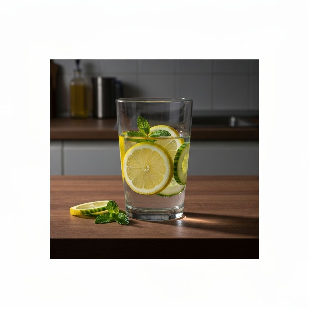 Clear glass of water with citrus slices on wooden surface