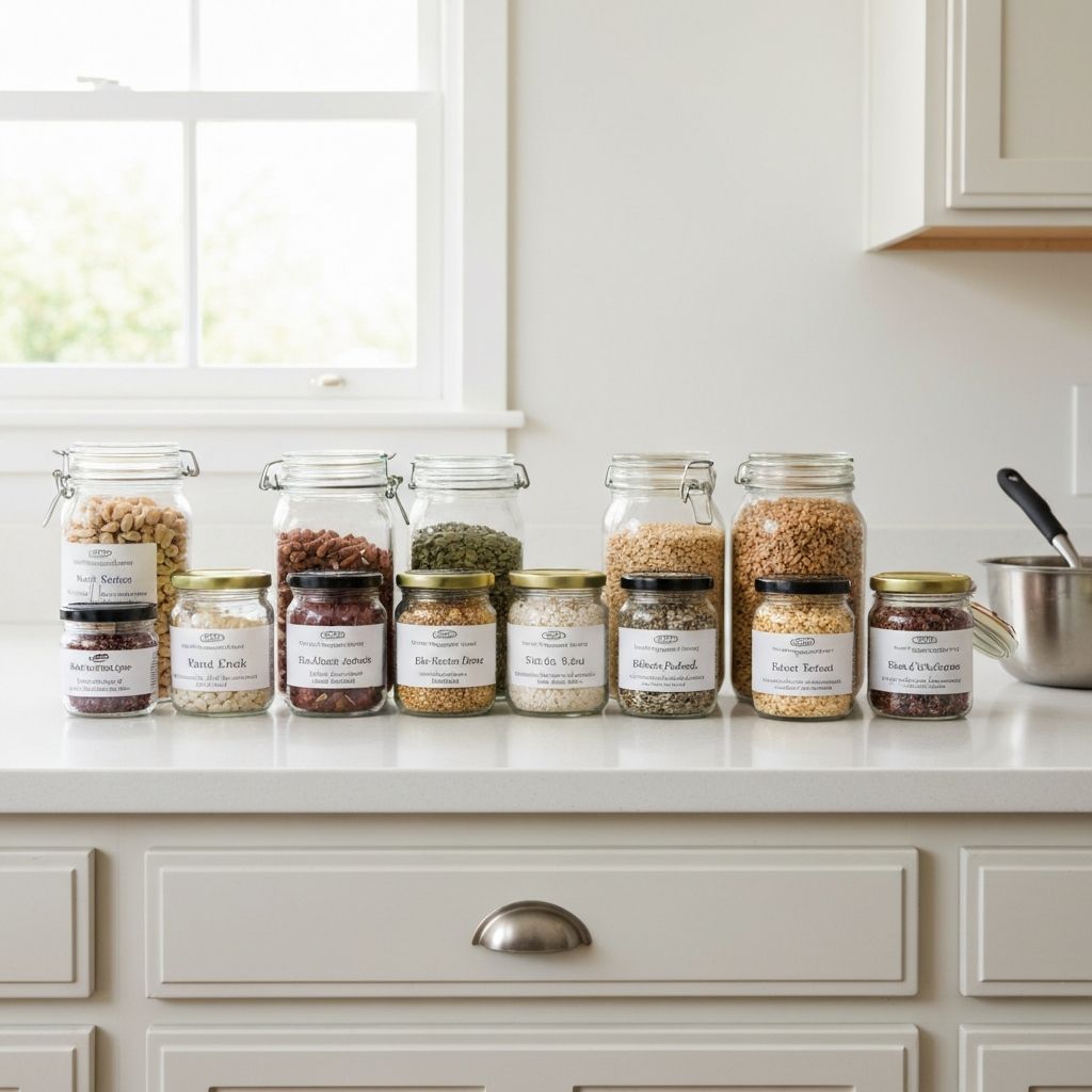 Kitchen counter with organized ingredients and jars of nuts, seeds, and grains