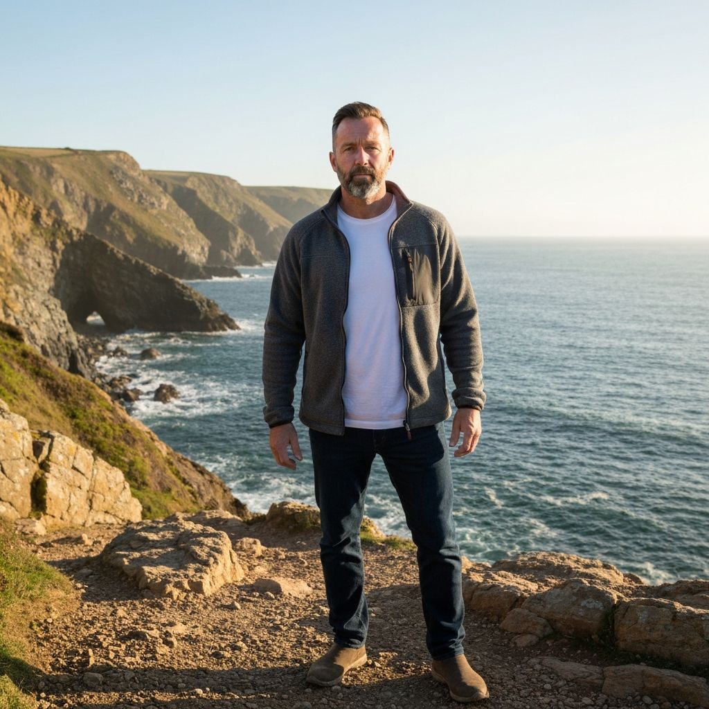 Person standing firmly on rocky coastal path overlooking seascape